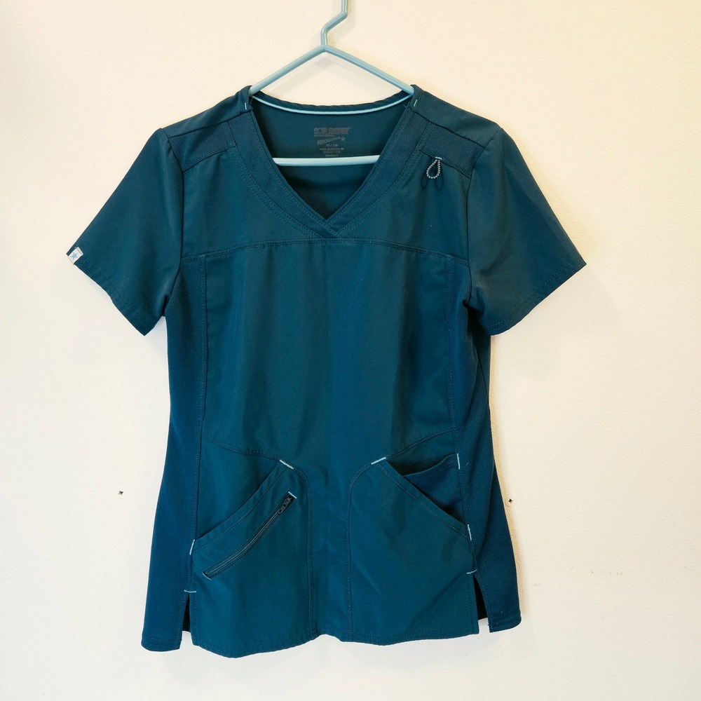 Scrubstar Performance Womens V-Neck Scrub Top Teal Blue XS Zipper Pocket Mesh